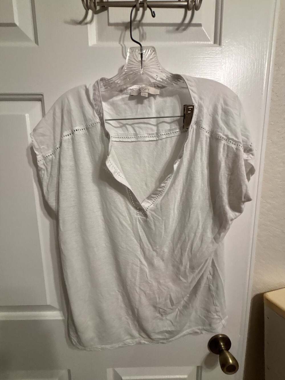 LOFT Women's White Relaxed Fit Split-Neck Linen Blend Short Sleeve Top